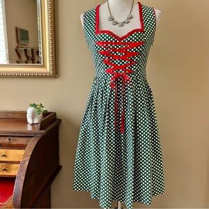 Green Polka Dot Dirndl Dress Bavarian Corset Lace-Up Size 36